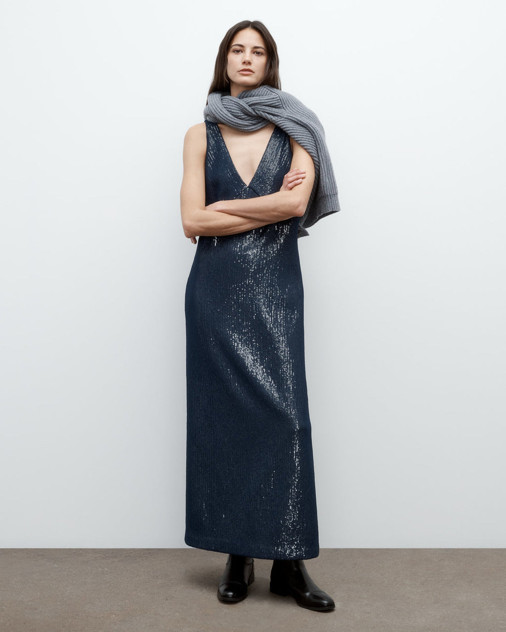 TWP | Dark Navy Deep V Dress in Chiffon Pialettes