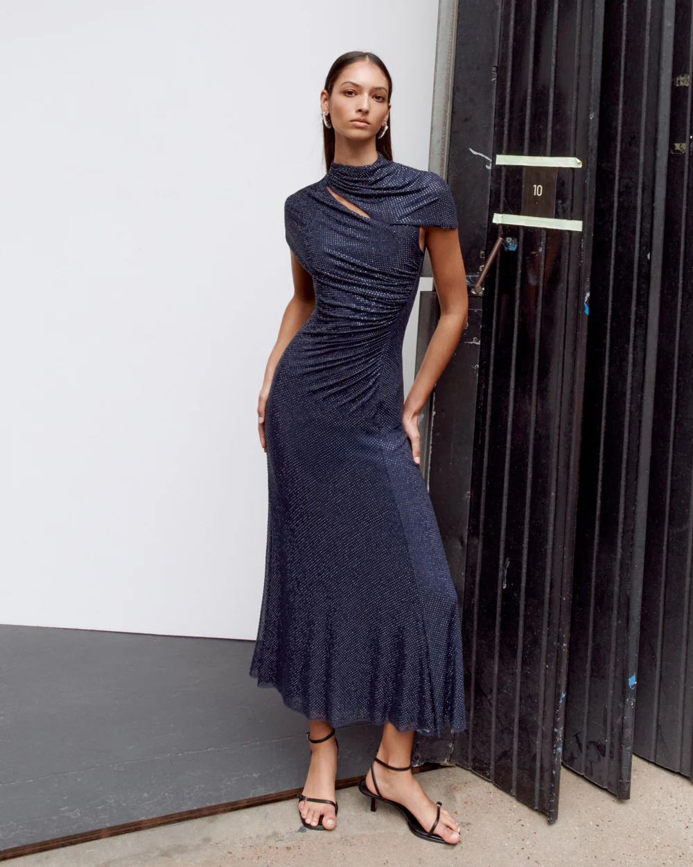 Self-Portrait | Navy Rhinestone Mesh Cut Out Midi dress