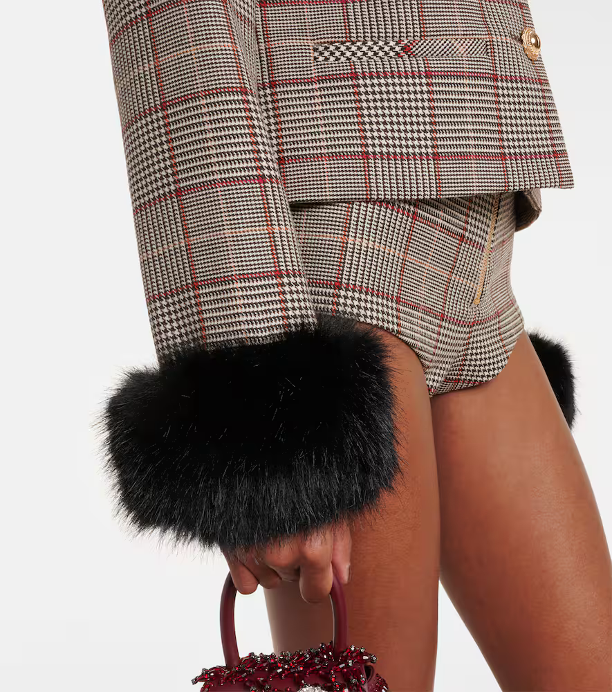 Self-Portrait | Brown Check Fur Cuff Jacket