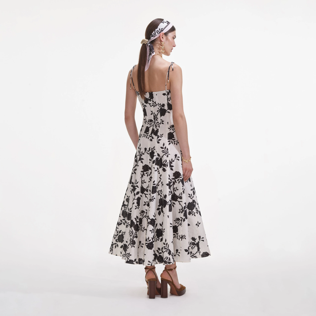 Self-Portrait | Floral Print Linen Midi Dress