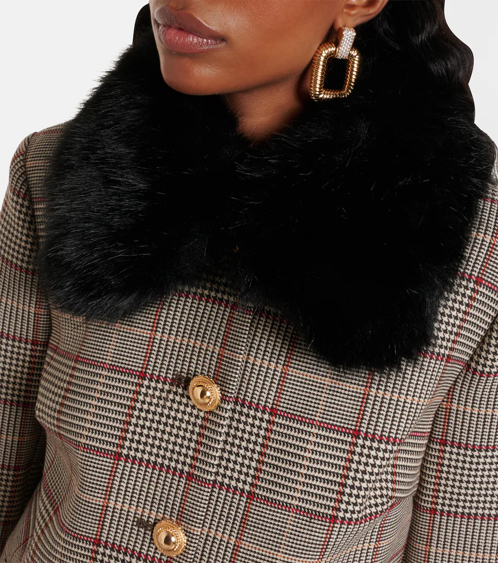 Self-Portrait | Brown Check Fur Cuff Jacket