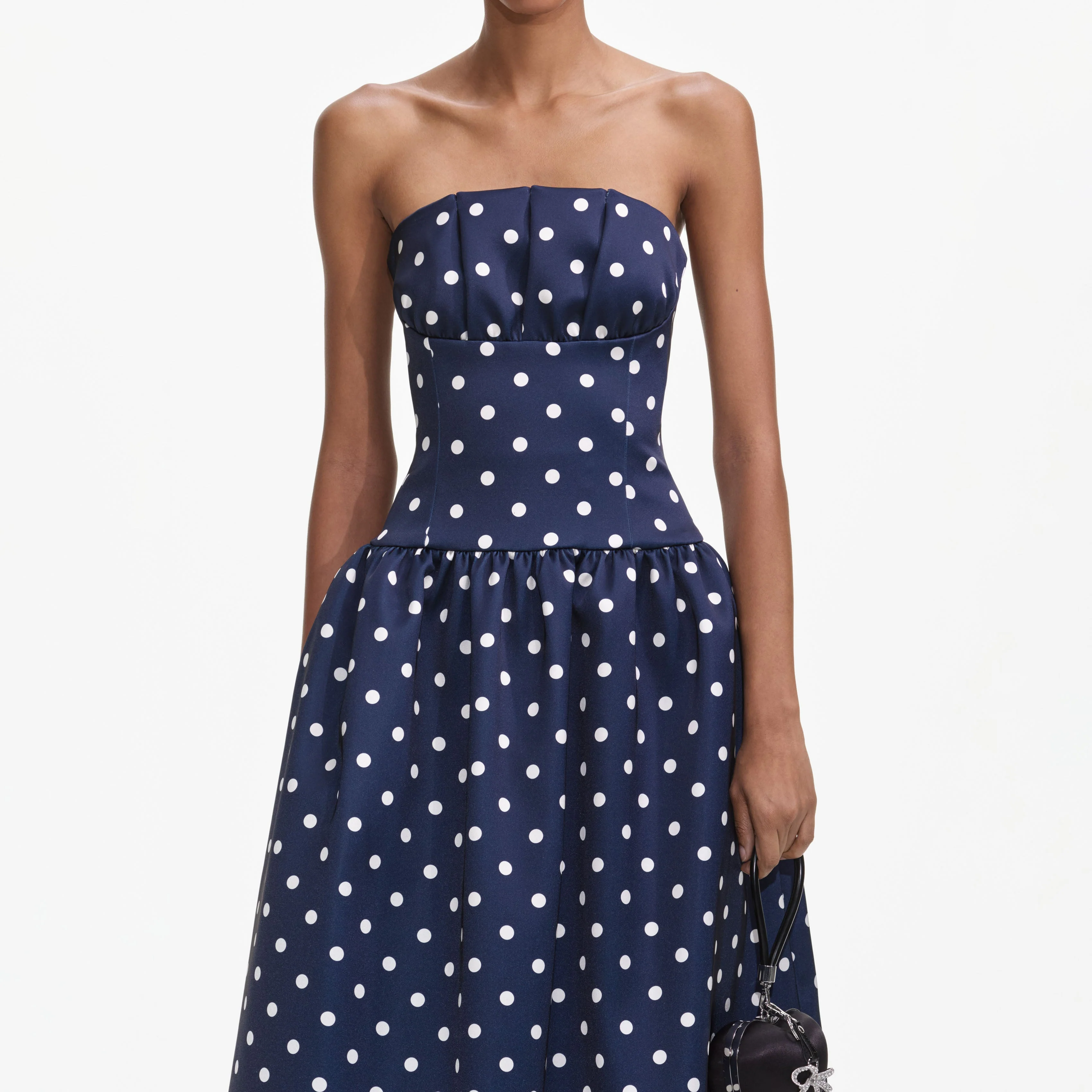 Self-Portrait | Navy Polka dot Satin Midi Dress