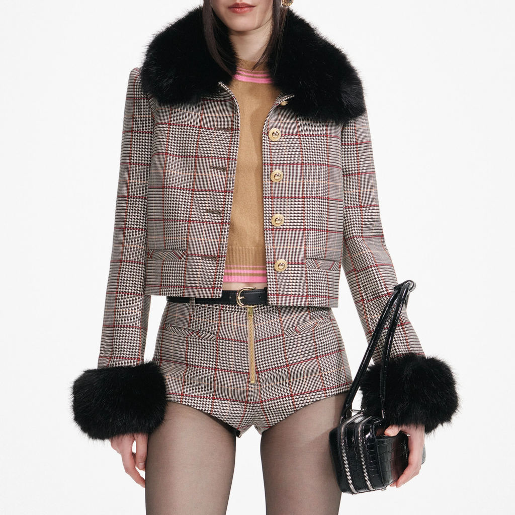 Self-Portrait | Brown Check Fur Cuff Jacket