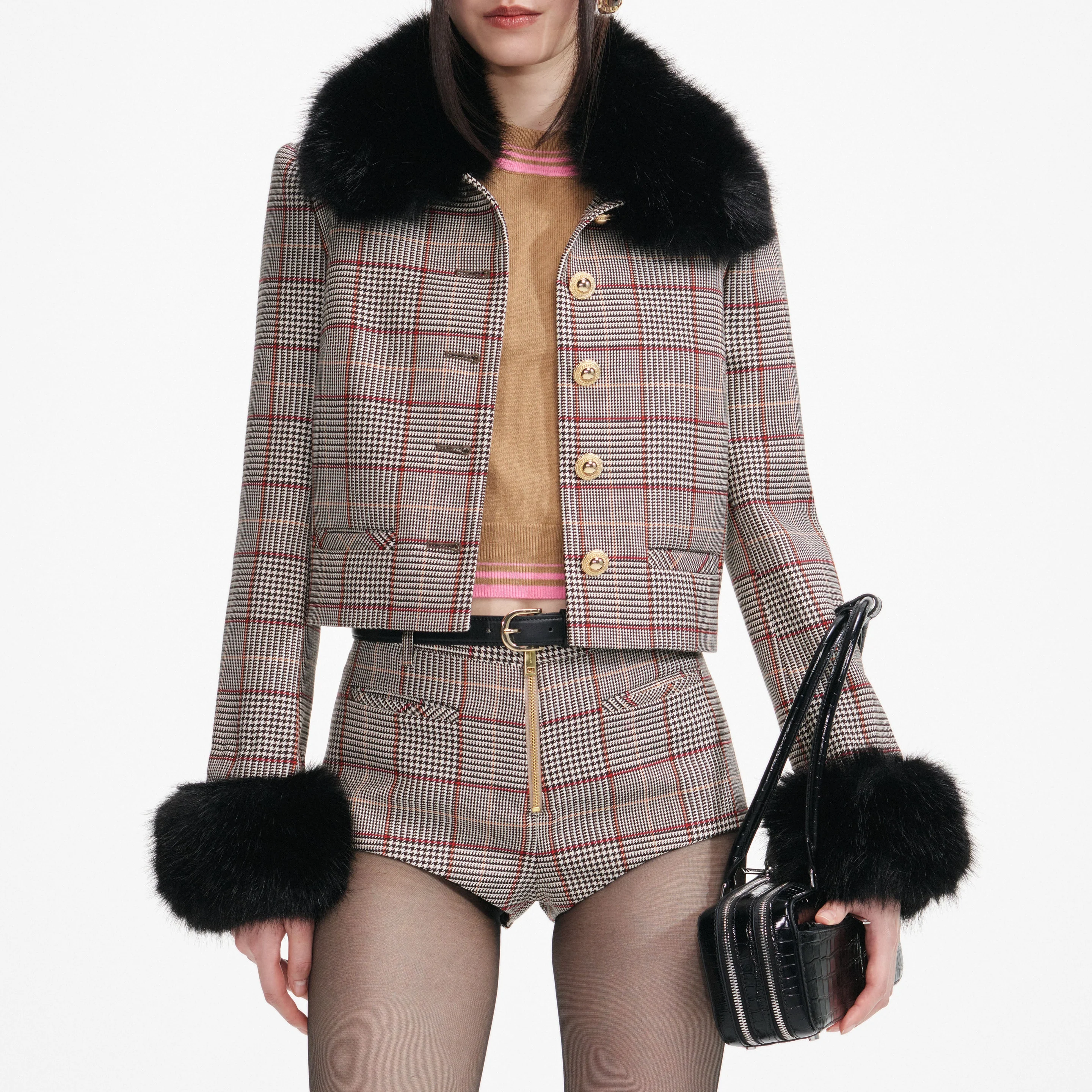 Self-Portrait | Brown Check Fur Cuff Jacket