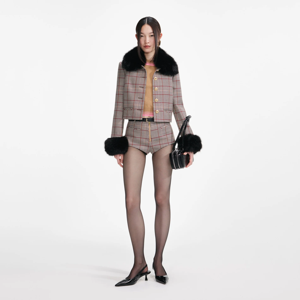 Self-Portrait | Brown Check Fur Cuff Jacket