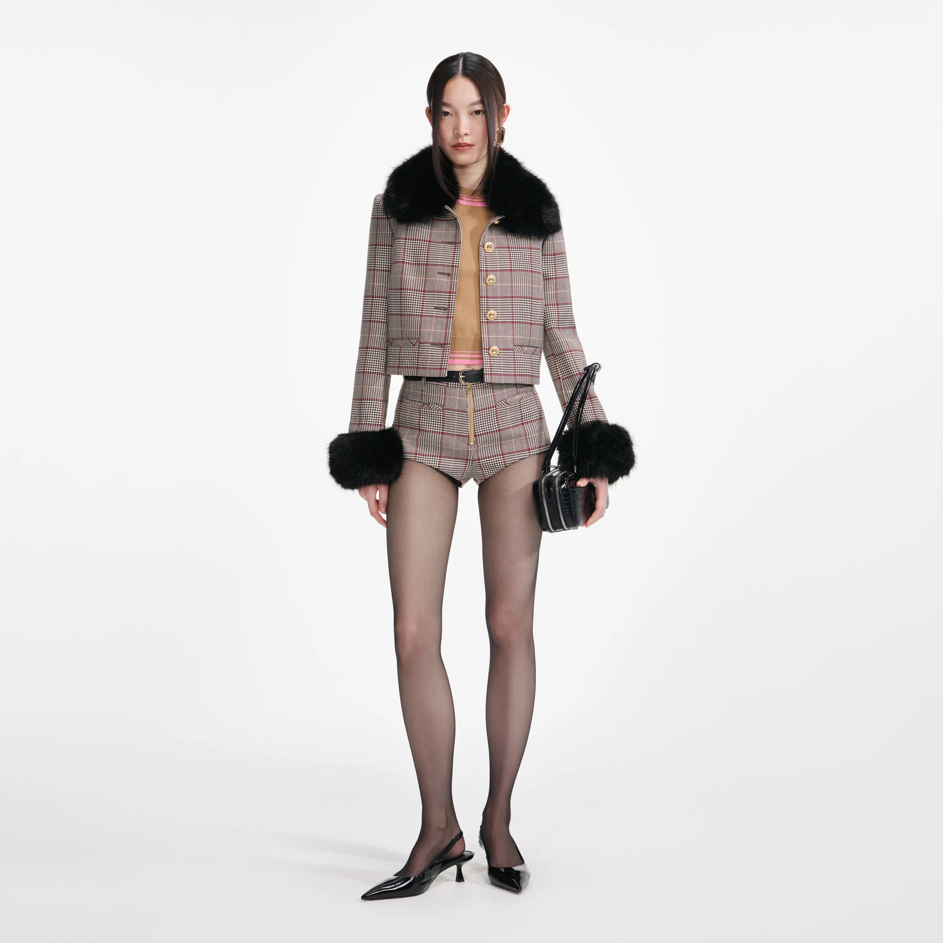 Self-Portrait | Brown Check Fur Cuff Jacket