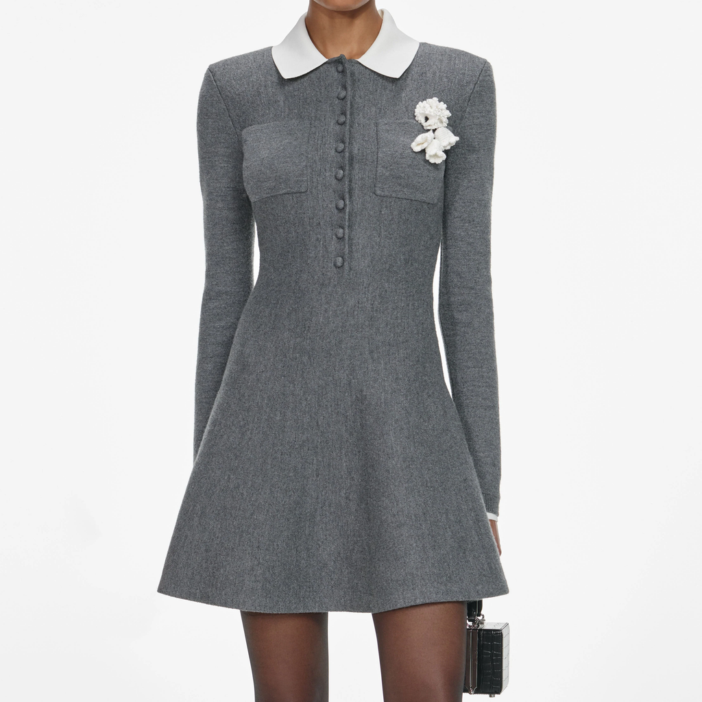 Self-Portrait | Grey Crochet Flower Knit Mini Dress