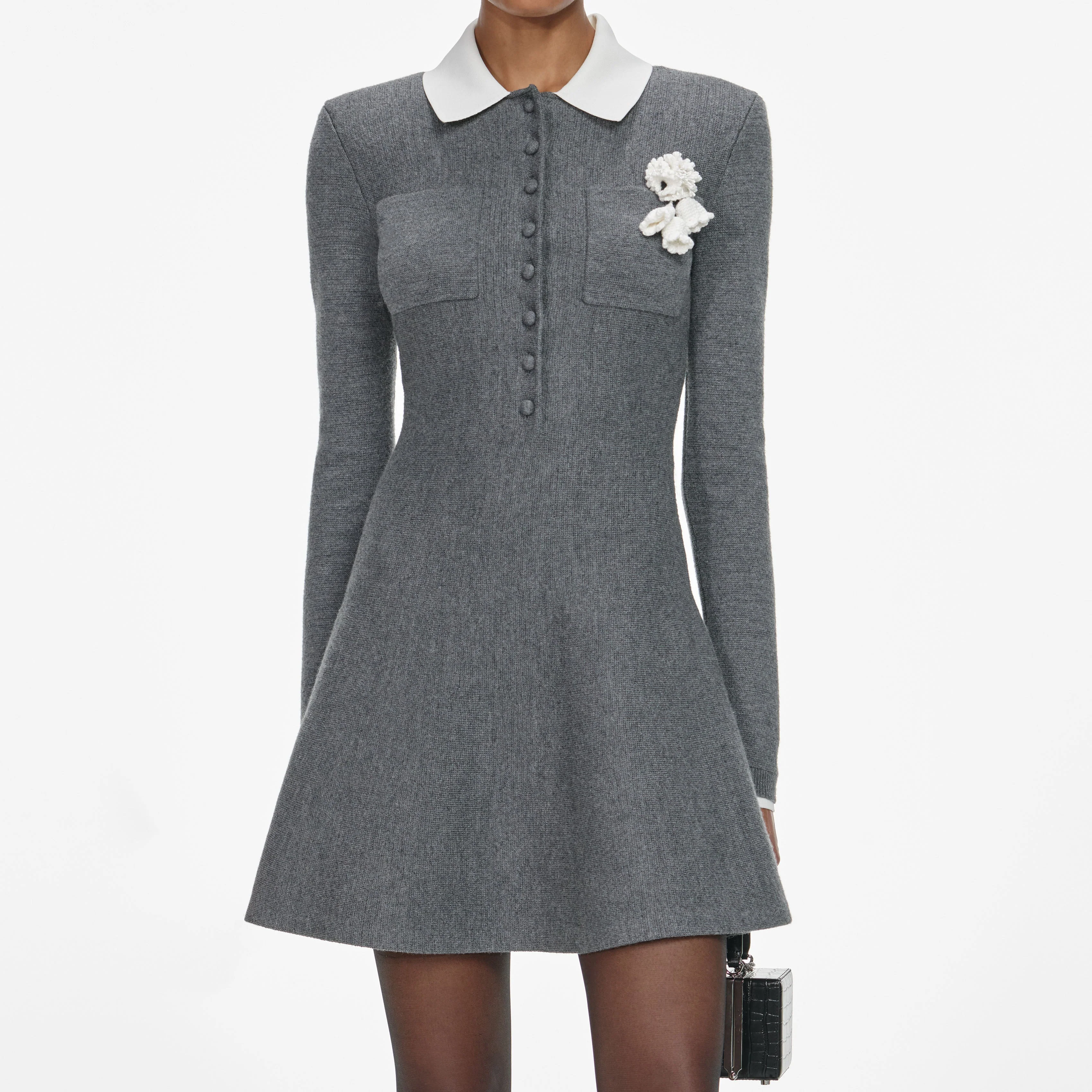 Self-Portrait | Grey Crochet Flower Knit Mini Dress