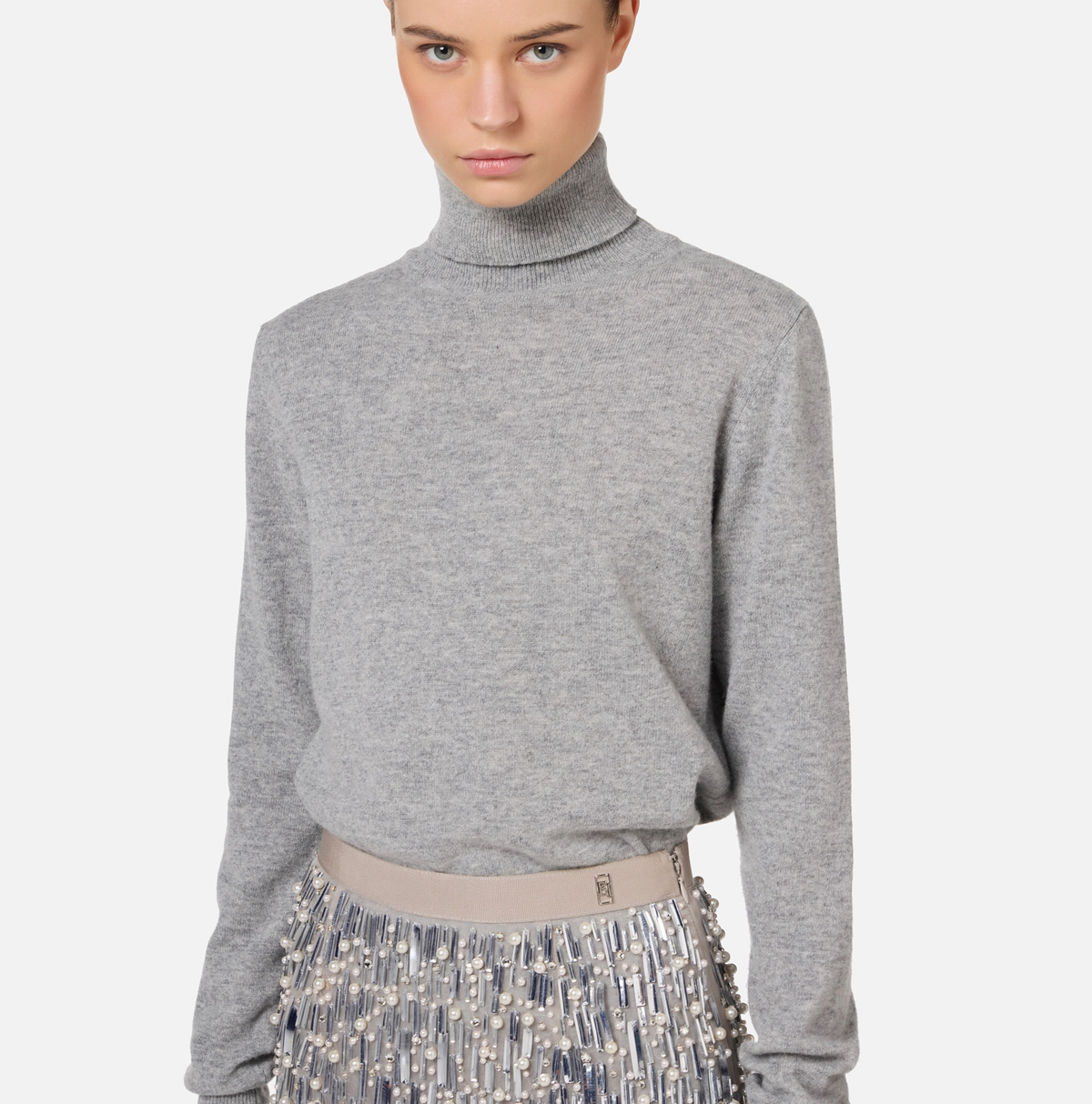 Elisabetta Franchi | Turtleneck Wool Dress with Embroidered Skirt