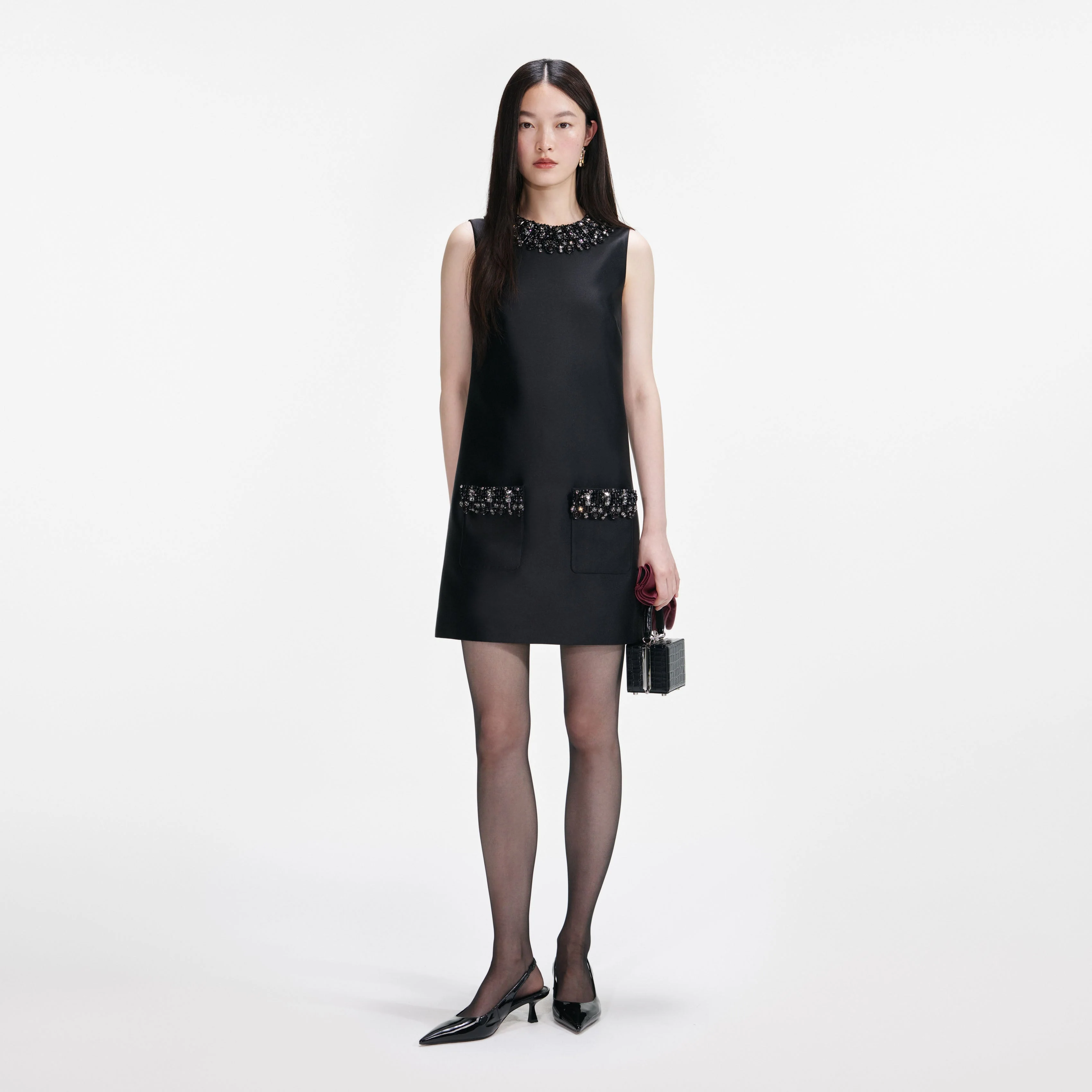 Self-Portrait | Black Taffeta Embellished Trim Mini Dress