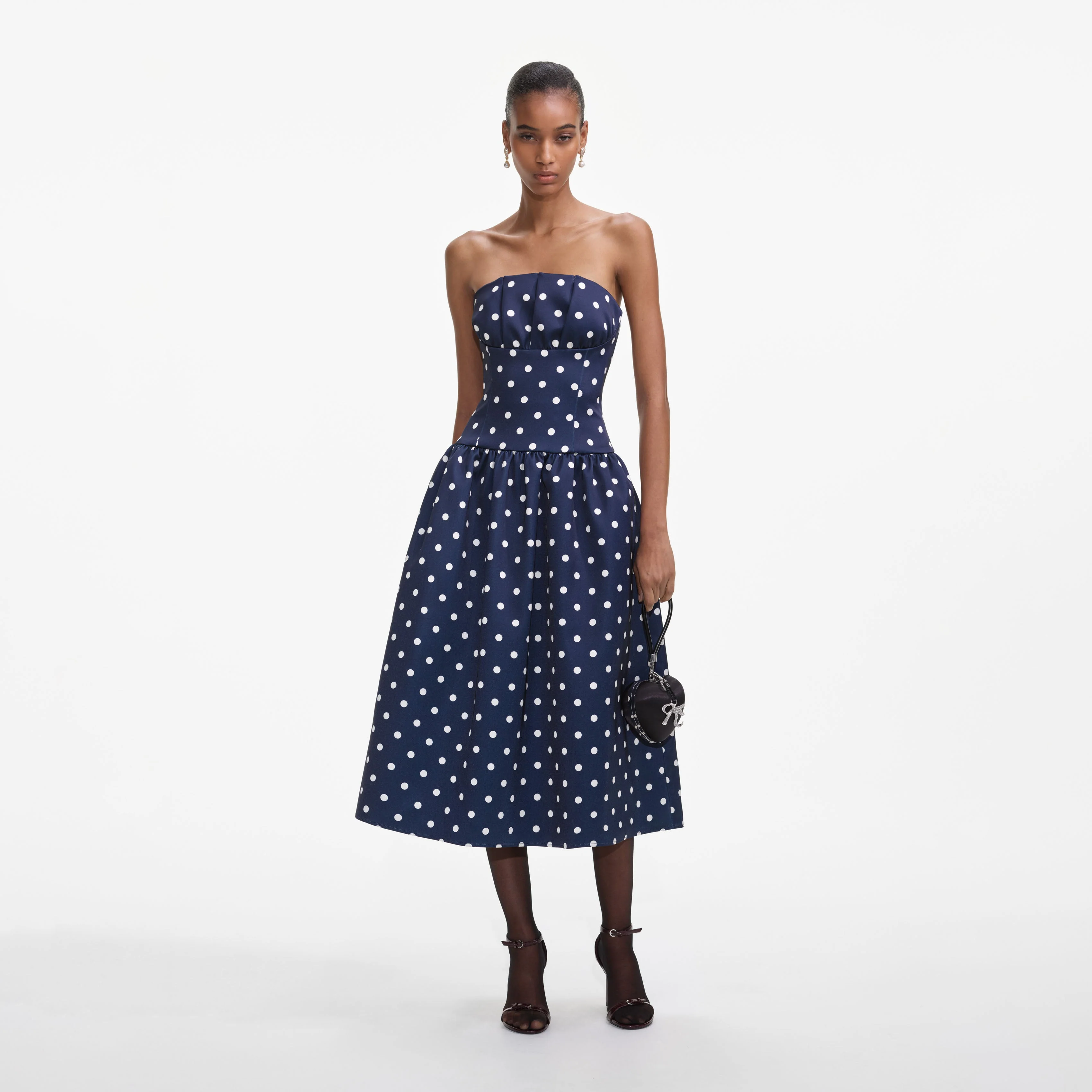 Self-Portrait | Navy Polka dot Satin Midi Dress