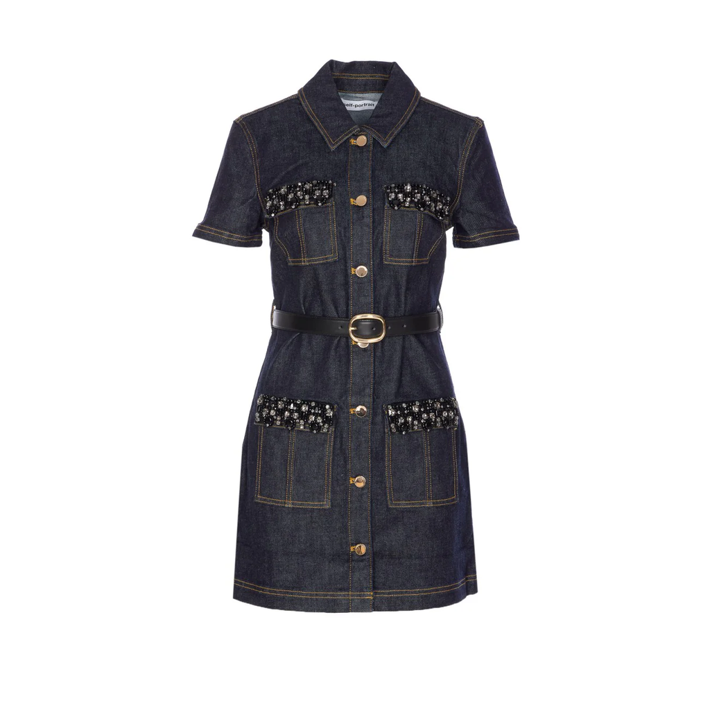Self-Portrait | Indigo Denil Crystal Trim Mini Dress
