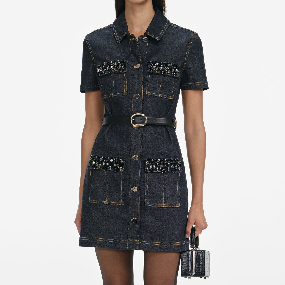 Self-Portrait | Indigo Denil Crystal Trim Mini Dress