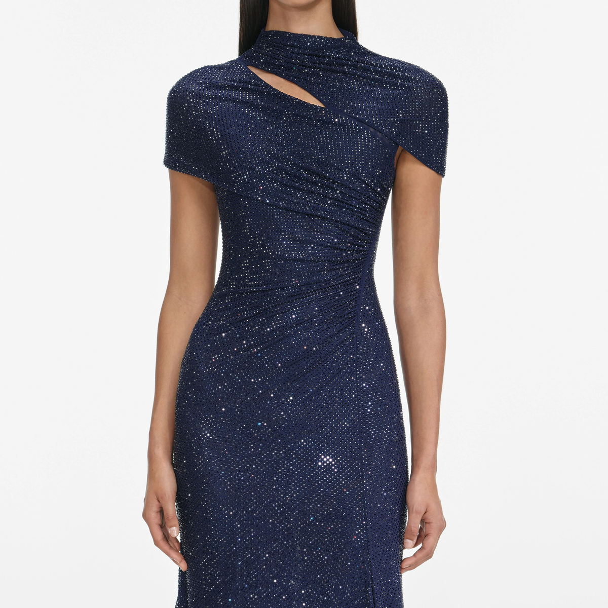 Self-Portrait | Navy Rhinestone Mesh Cut Out Midi dress